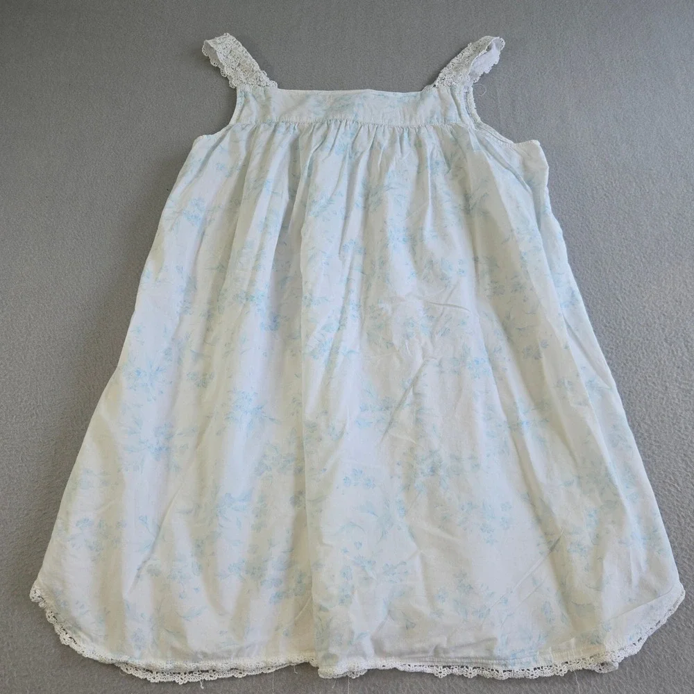 Eileen West Nightgown Womens Large White Blue Floral Cotton Lace Trim Sleeveless